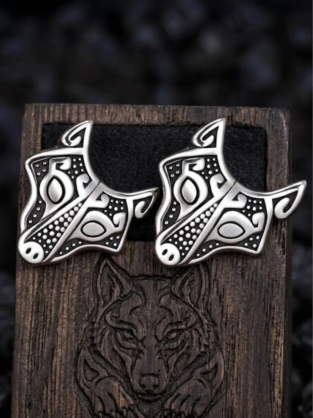 “Nordic Wolf” Fox Scandinavian Viking Tribal Rune Ornate Wildlife Stainless Stud